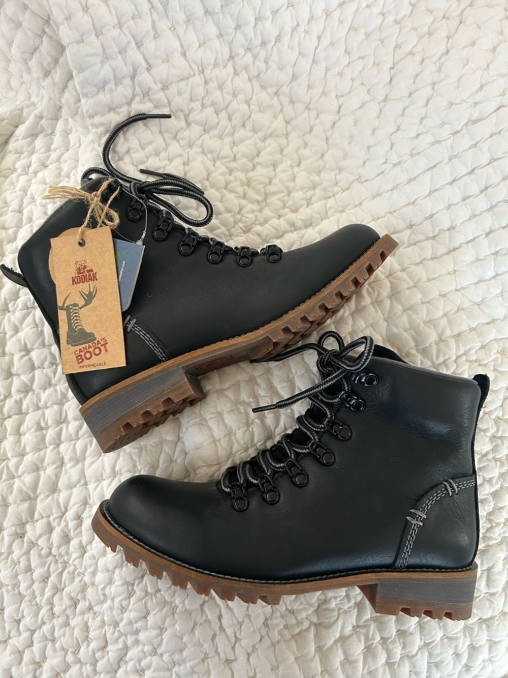 Kodiak Black Leather Hiking-Style Lug Boots with Brown Soles